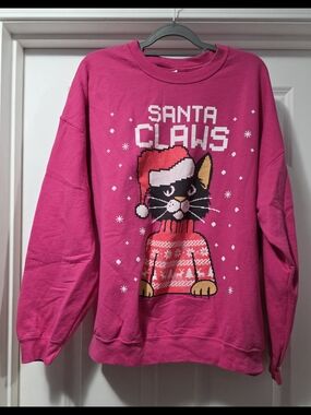 Gildan Hot Pink 'Santa Claws' Cat Graphic Sweatshirt